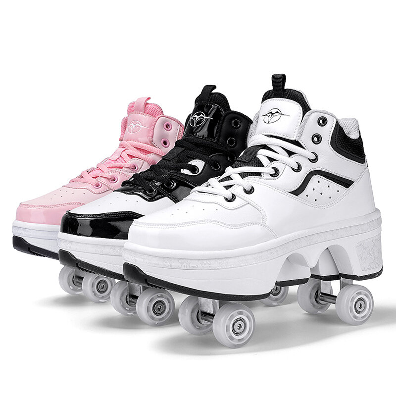 Sepatu seluncur empat roda untuk pria wanita, sepatu Sneakers kasual bundar Roller Skate pemuda berubah bentuk untuk pria dan wanita
