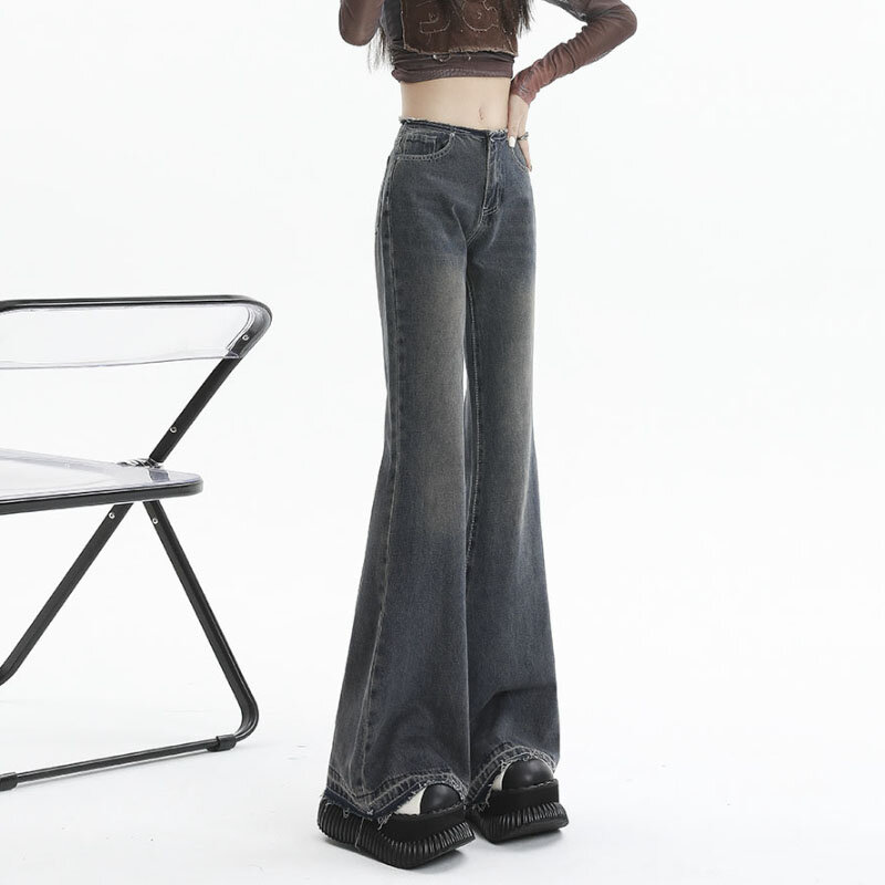 Vintage longgar, Jeans berkobar biru musim gugur 2023 Streetwear Vintage mode baru celana trendi wanita