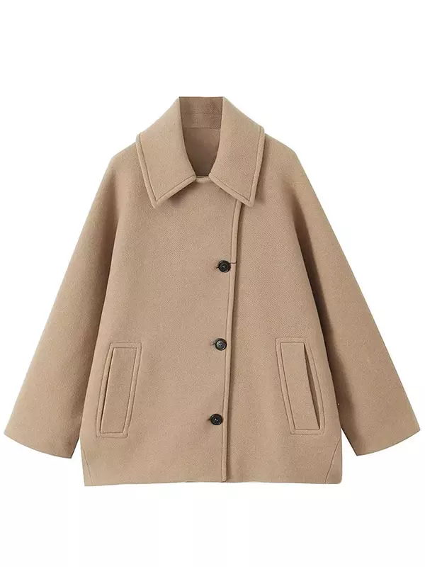 Однотонное однобортное пальто для женщин на осень и зиму, повседневные женские куртки с длинным рукавом и отложным воротником, шикарная свободная уличная одежда с карманами