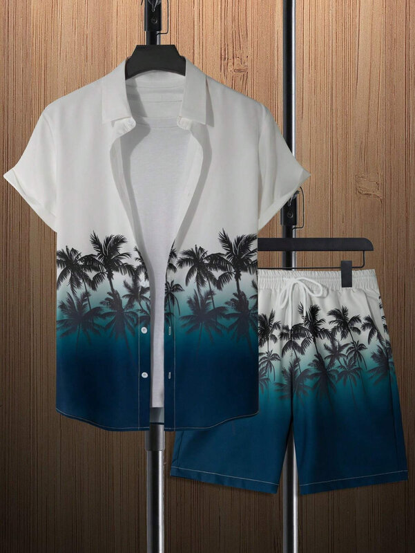 夏の熱帯植物プリント男性と女性の半袖シャツセットのファッションラペルボタントップショーツ