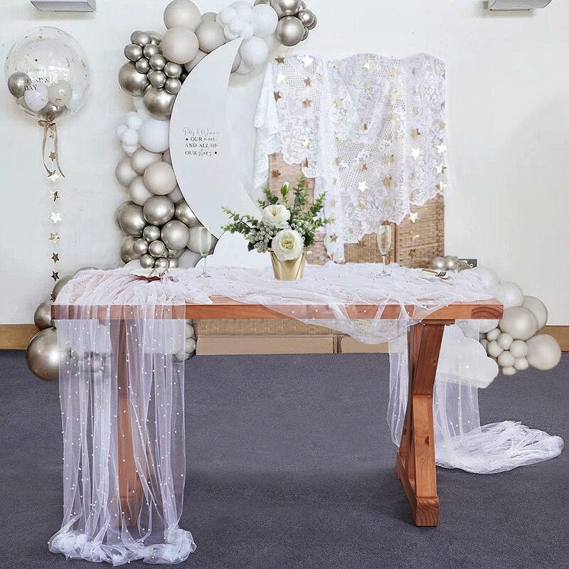 진주 얇은 명주 그물 테이블 러너, 흰색 식탁보, 웨딩 베일 직물, 웨딩 아치 디저트 테이블 장식