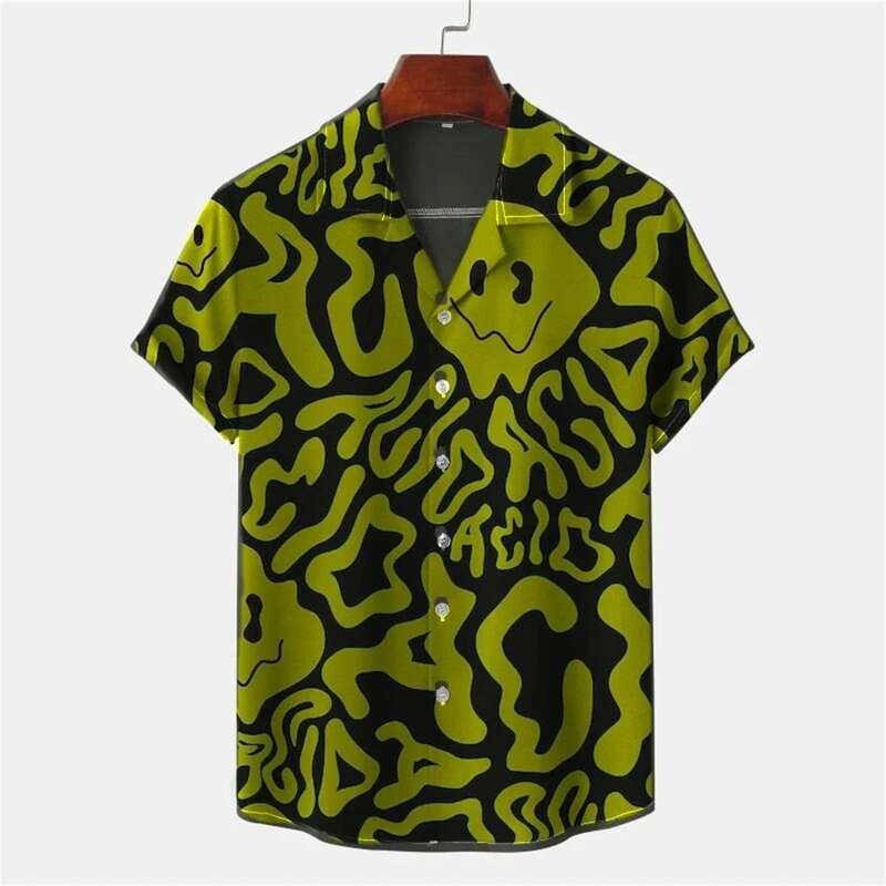 Camisa de manga corta con estampado de letras retorcidas para hombre, Tops cómodos informales de playa hawaiana con solapa, camisa suelta de talla grande