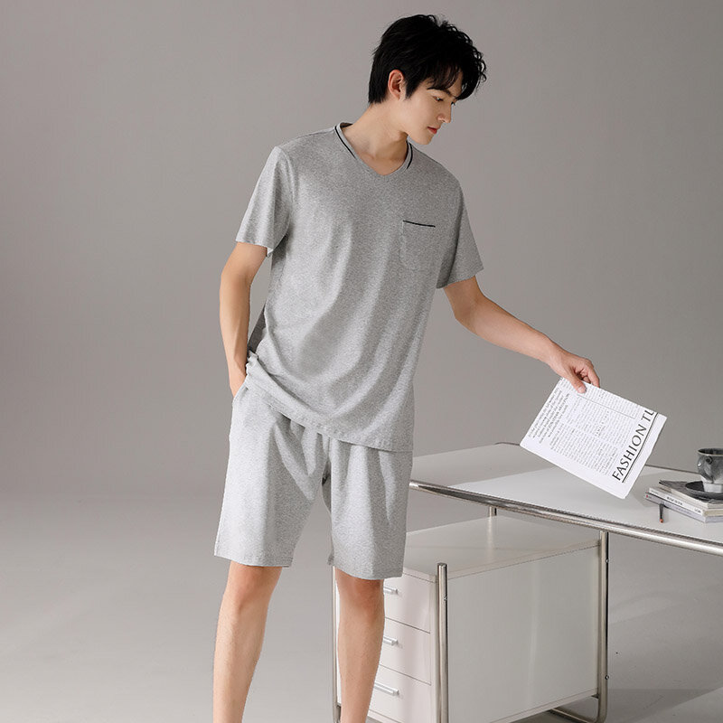 Modal algodão pijamas masculinos verão seção fina de manga curta com decote em v verão tamanho grande casual wearable juventude serviço de casa terno