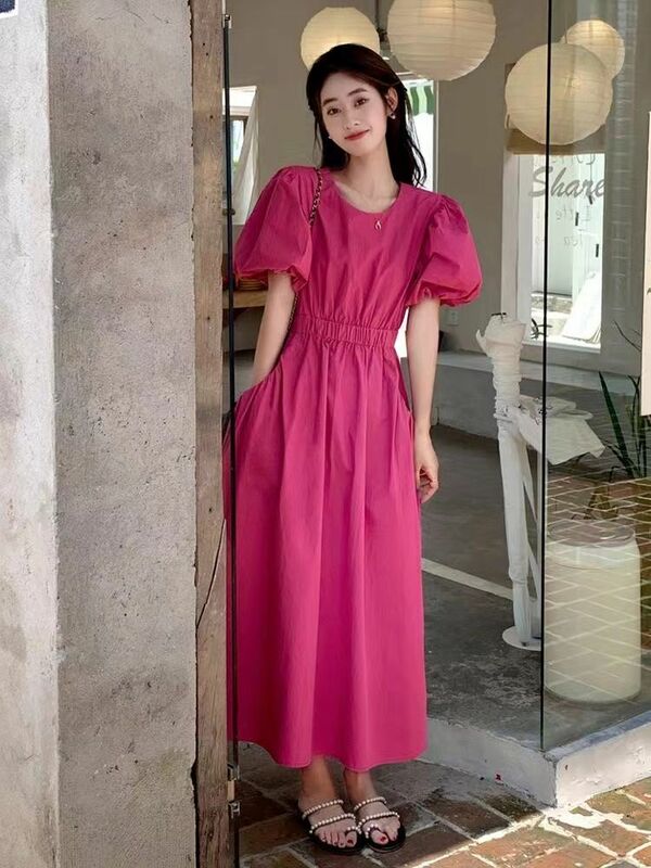 Temperament wyszczuplający sukienka na wakacje 2024 nowa koreańska wersja modna casualowa rękaw typu bombka sukienka dziewczęca z krótkim rękawem