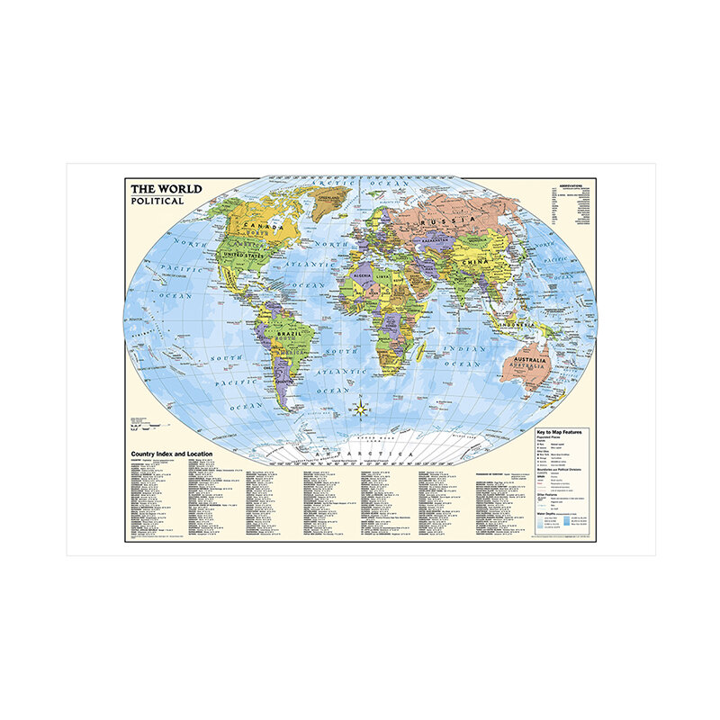 59x42cm peta dunia dalam bahasa Inggris tanpa kanvas bendera negara edisi klasik poster dunia dan cetakan untuk perlengkapan perjalanan