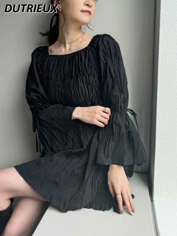 Pleated Bow Lace-up Solid Color Spring Autumn Elegant Long Sleeve Dress Waist Slimming Simple Loose Casual Dresses for Women