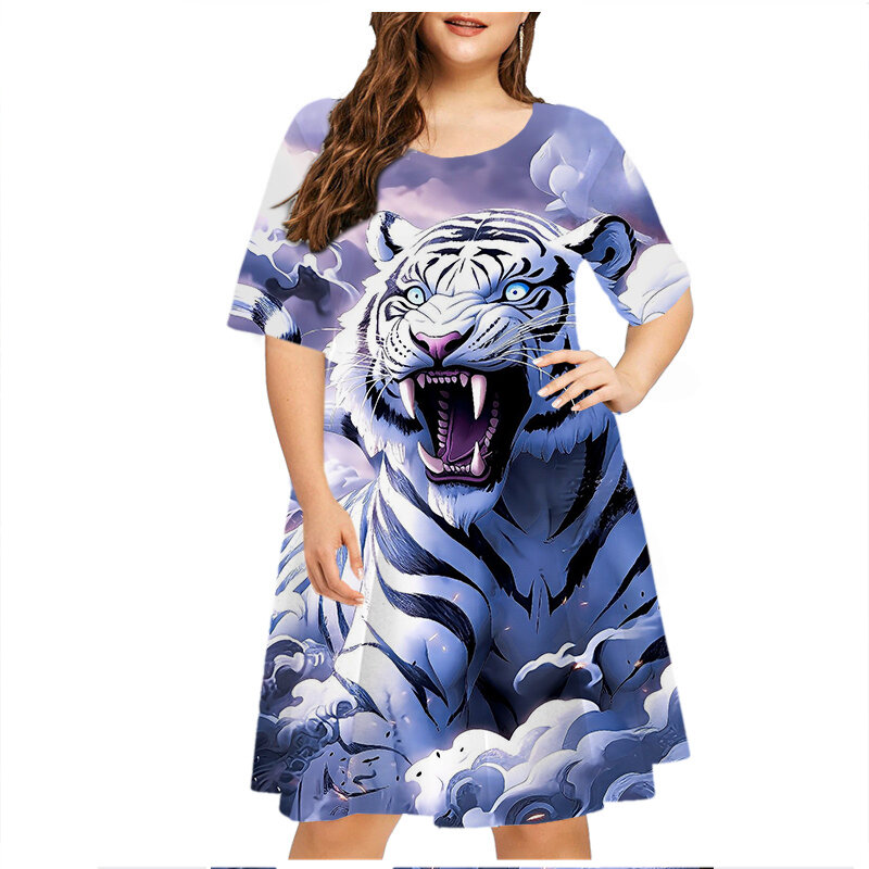 Mini vestido feminino com estampa de tigre, manga curta, impressão 3D, streetwear casual, gola em O, solto, vestidos plus size, 6XL, roupas fashion
