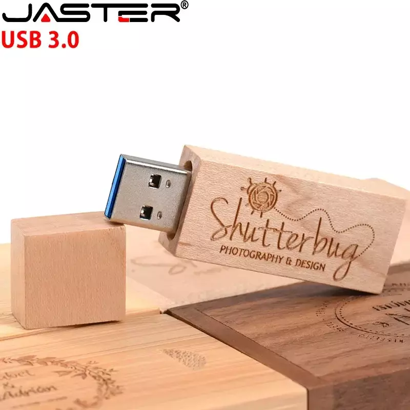JASTER-unidad Flash USB con logotipo personalizado, pendrive de 128GB, 3,0 GB, 64GB, 32GB, caja de madera, regalo de boda