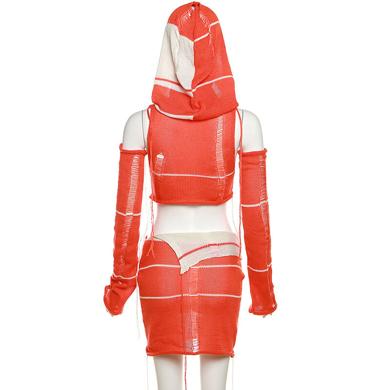 Vestido de punto de ganchillo para mujer, conjunto de dos piezas, falda Sexy y elegante, Tops cortos, 2023