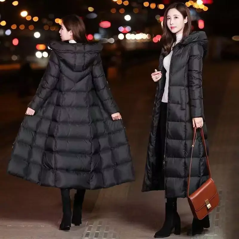 Women's winter knee length cotton coat, pure black fluffy down long cotton coat, 2022 women's thickened warm thick winter coat