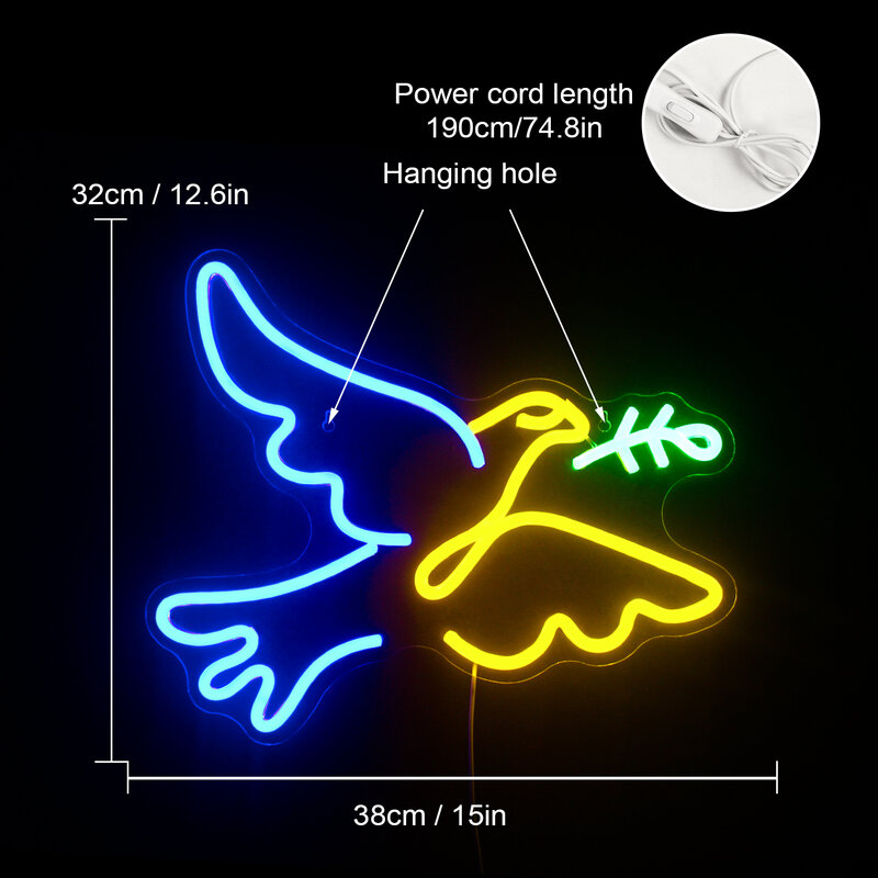 Peace Dove Neon Sign LED Bird Design Lights, USB Light Up Signs, Room Decoration, Bedroom Bar, Birthday Party Art Wall Lamp
