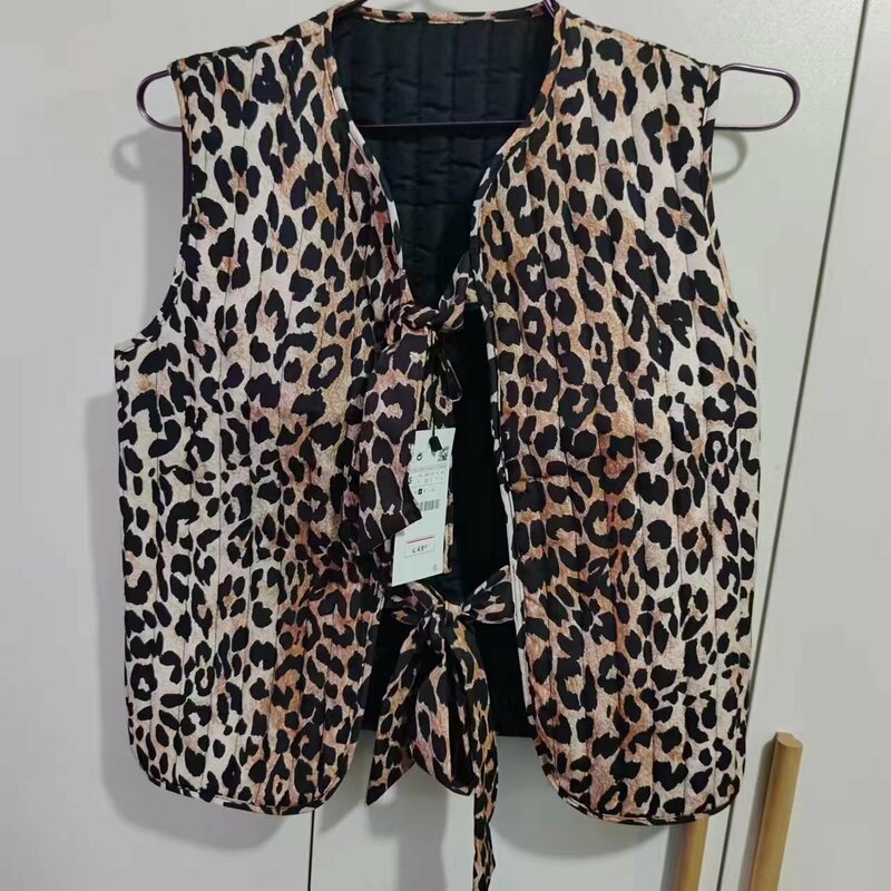 ZAURA Spring/Summer 2024 New Women's V-neck Bow Decoration Fashion Leopard Pattern Vest