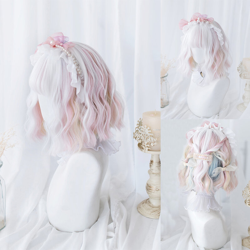 12 Cal biała różowa dwukolorowa peruki syntetyczne z krótką naturalne kręcone włosy peruką dla kobiet Cosplay Drag Queen odporna na ciepło