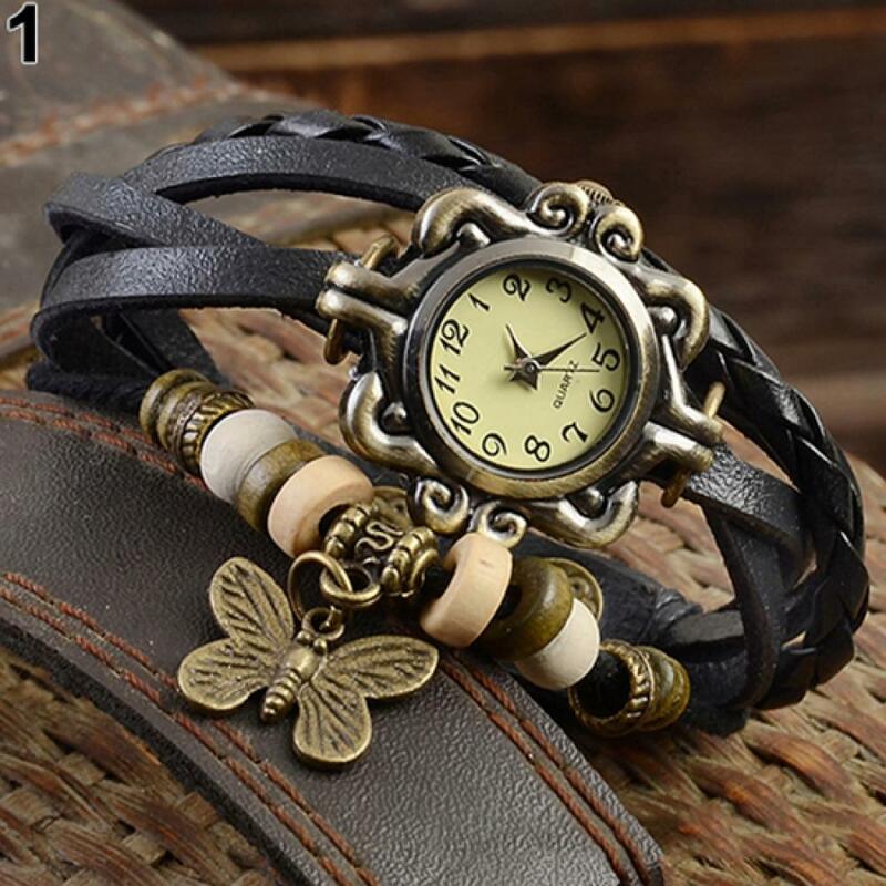 쿼츠 손목 시계 여성용, 빈티지 다층 나비 인조 가죽 직조 팔찌 여성용 손목 시계
