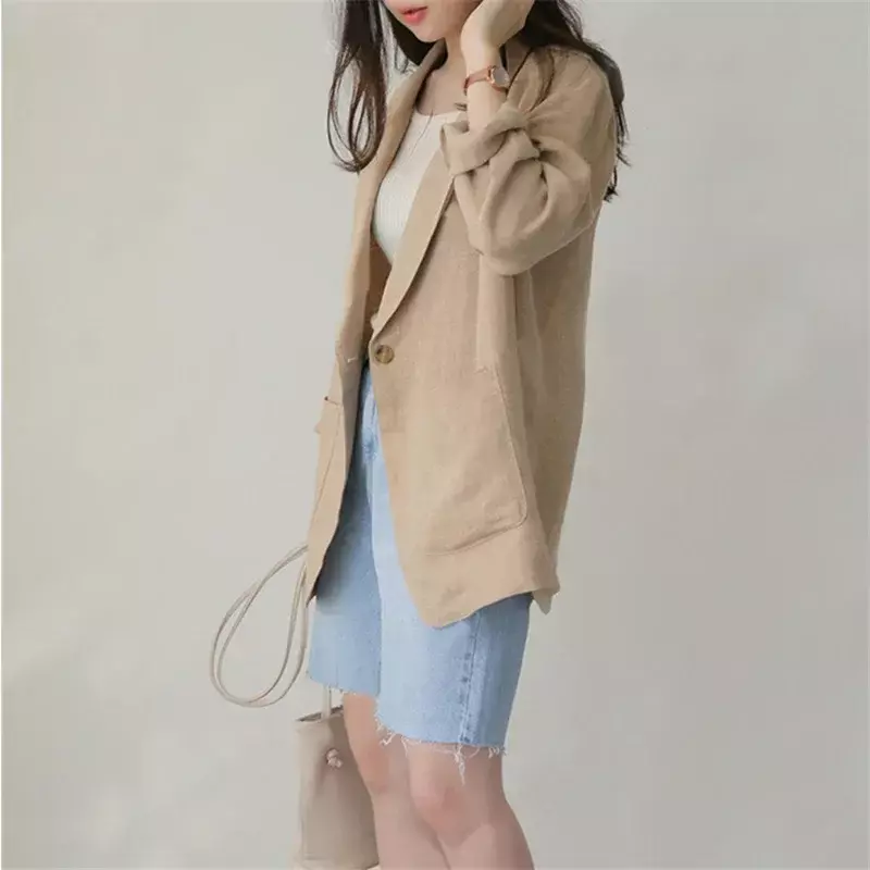 Frauen Blazer Single Button einfarbig Khaki Langarm Anzüge 2023 Frühling Herbst Büro Dame plus Größe schick eleganten Blazer