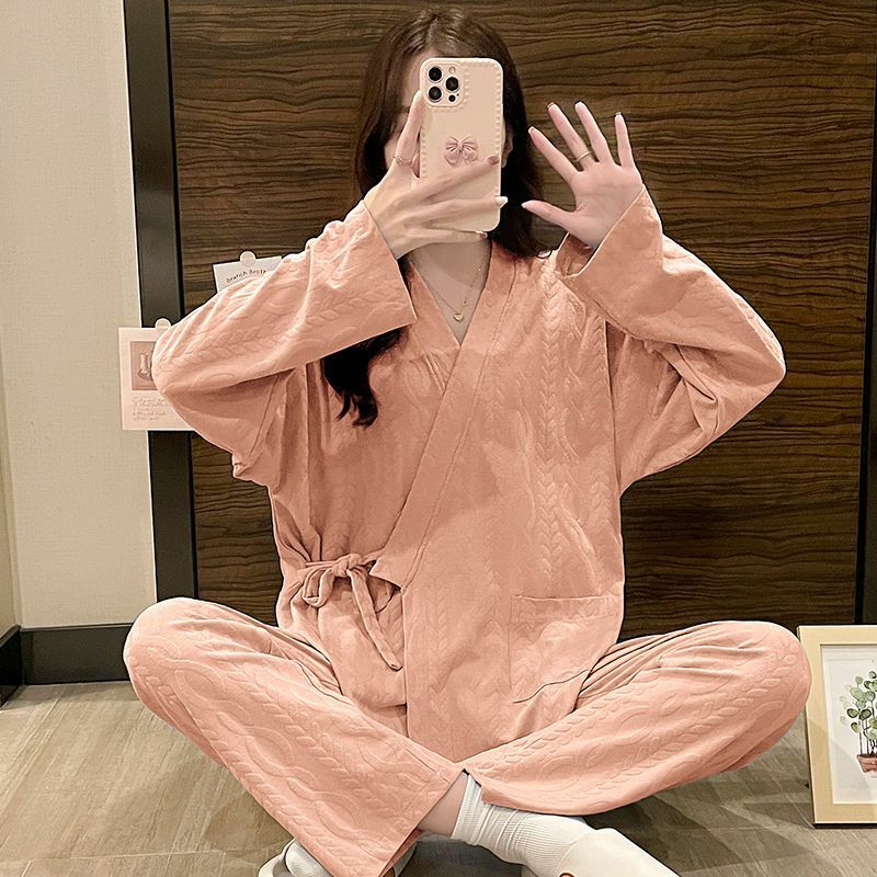 2024 Pure Cotton Pajamas Spring Autumn Women Long Sleeve High Sense Homewear Female Casual Solid Color Simple Nightclothes Suit