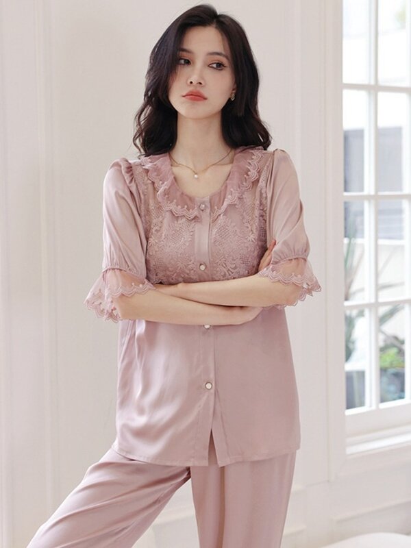 Pijama de seda manga longa feminino, estilo princesa, renda, terno fino, roupa exterior, roupa de casa, primavera e verão