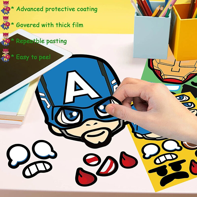Pegatinas de rompecabezas de superhéroes de Disney para niños, calcomanías educativas de dibujos animados, juguetes de ensamblar, divertido, hacer una cara, 6 o 12 hojas