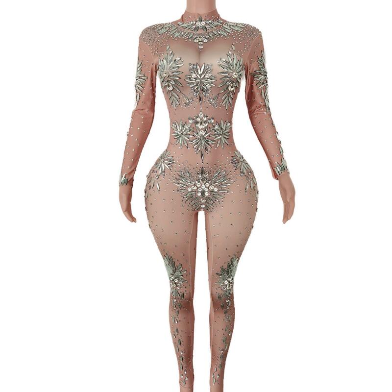 Clube bar traje feminino festa mostrar dança palco wear sparkly grandes strass magro macacão cristais de vidro collant bodysuit