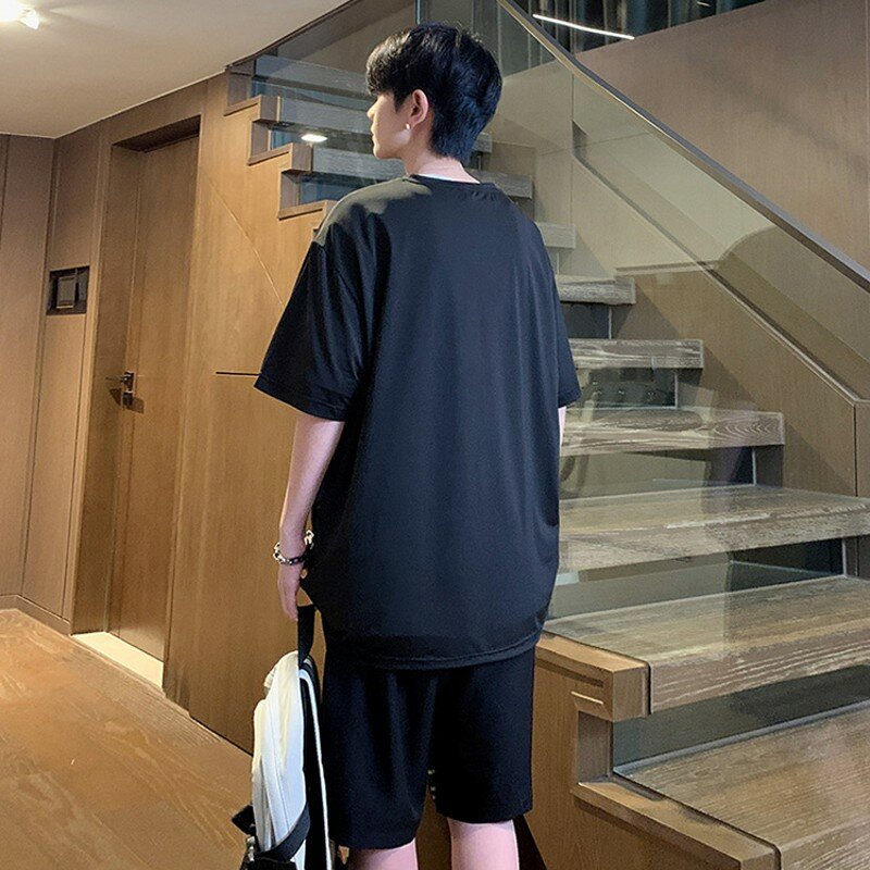 Summer 2pcs Mens Short Sets Printing T-shirt Shorts Casual Thin Loose Basketball Train Suit Korean Style Hip Hop Outfits Man