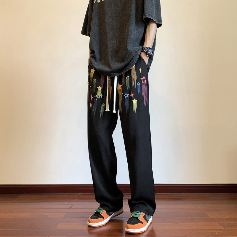 Korean Style Star Graffiti Sweatpants Harajuku Ice Silk Wide Leg Trousers Men Spring Summer Fashion Streetwear Trousers Women