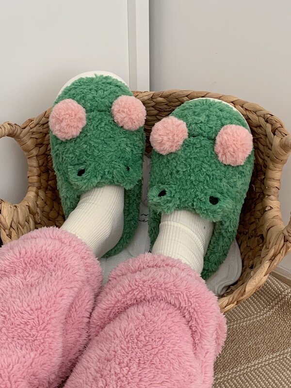 Zapatillas de casa de algodón para hombres y mujeres, Cute Frog, cubierta de tacón, cálidas y antideslizantes, de felpa, para parejas, Otoño e Invierno