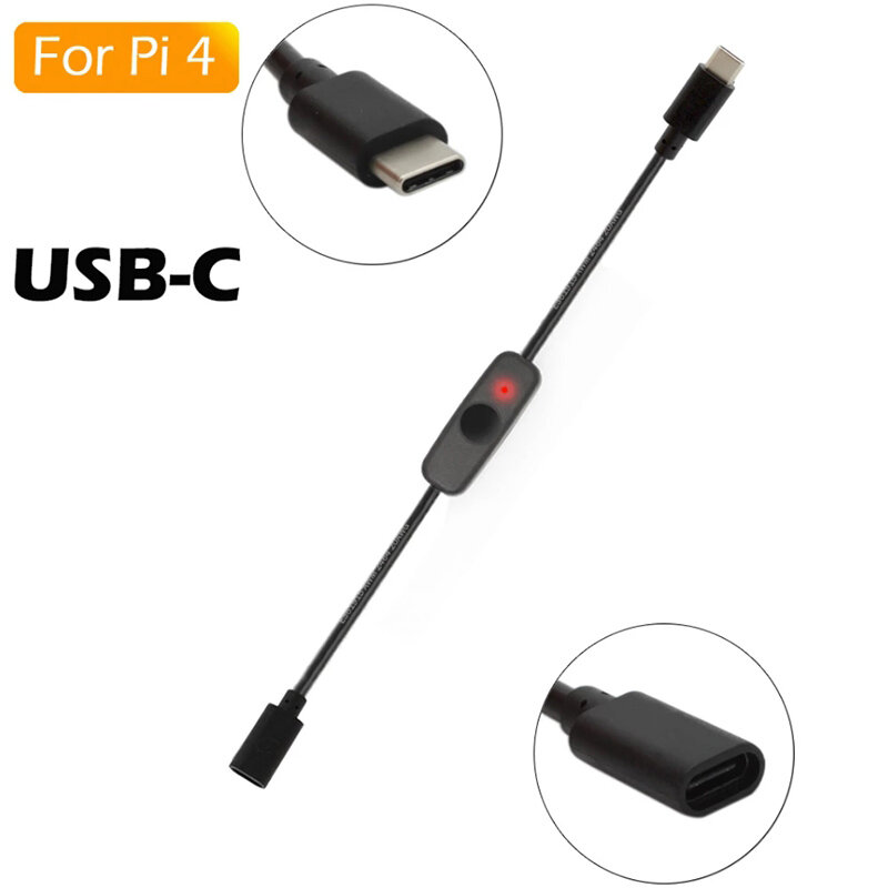 Power Switch USB Type C with Indicator Light Male to Female USB-C Extension Cable Switch for Raspberry Pi 4B 2 Pcs