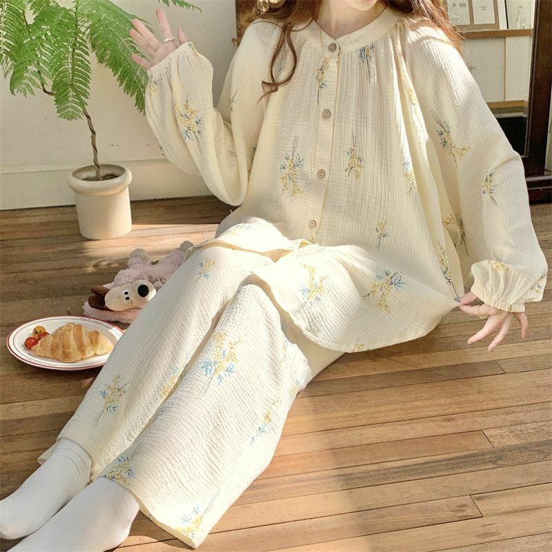 Pijama de algodão puro feminino, calça de mangas compridas, roupa de solteira doce para pupila, novo estilo, refrescante de duas peças, primavera e outono