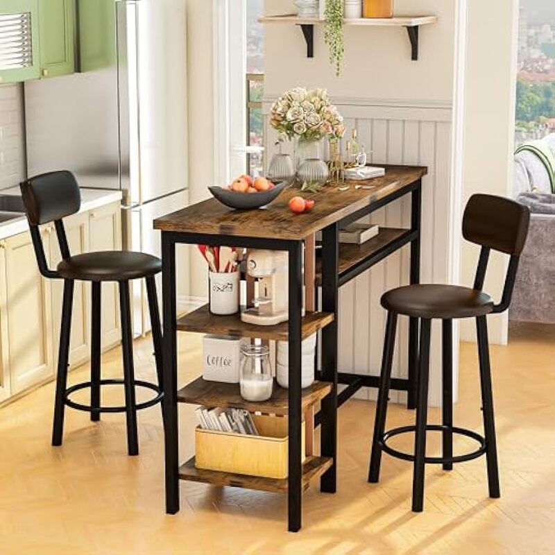 Bar Table Set for 2, Bistro Bar Table and Chairs Set with Storage, Counter Height Dining Table with Stools, Kitchen