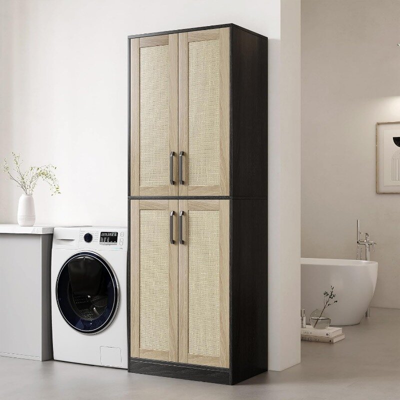Tall Bathroom Storage Cabinet Freestanding with 4 Rattan Doors and Adjustable Shelves, Cupboard Cabinet for Dining Living Room