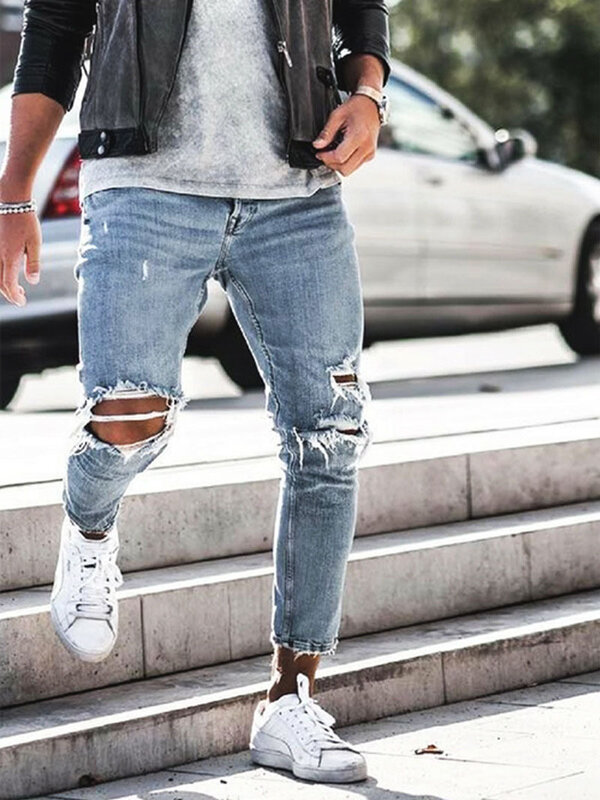 Мужские джинсовые брюки в стиле хип-хоп, однотонные облегающие винтажные джинсы с дырками, модные рваные узкие джинсовые брюки для мужчин, новинка 2023