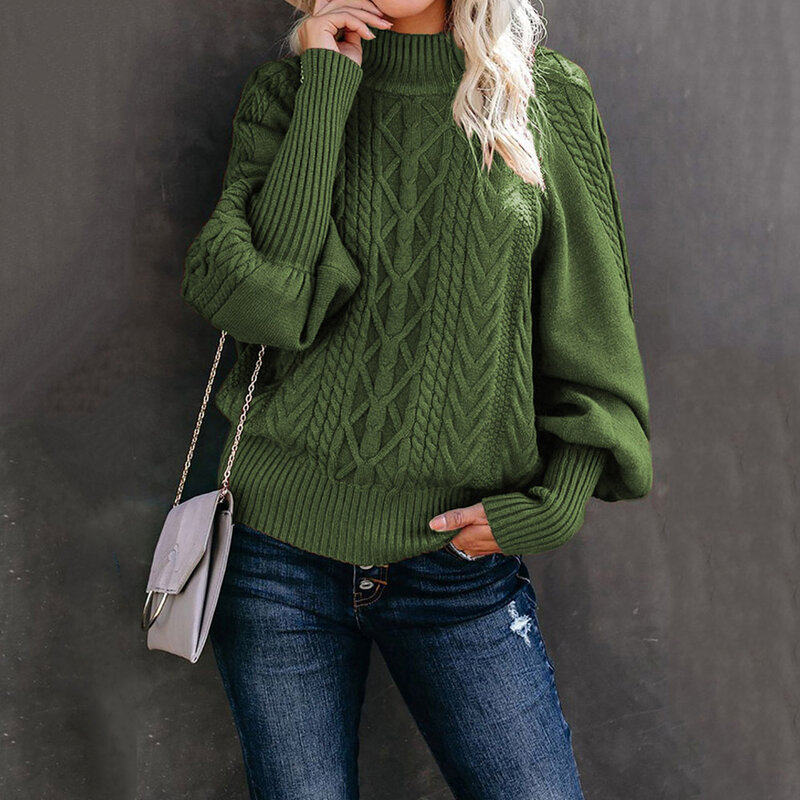 Sweater rajut wanita lengan longgar, Sweater warna Solid rajut, lengan longgar, belanja, santai, Sweater leher sedang, baru, musim dingin 2023