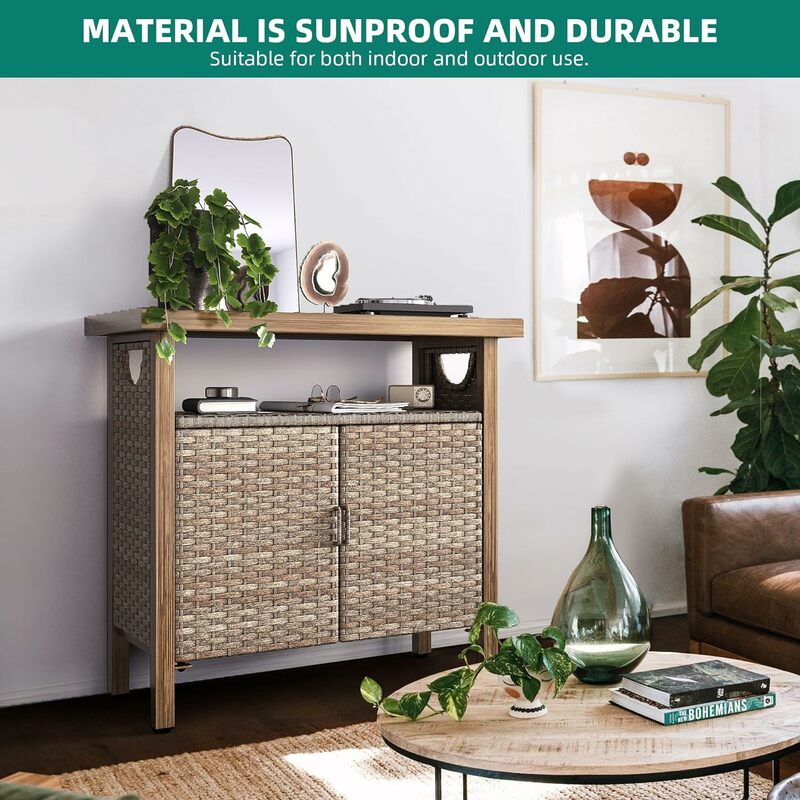 Outdoor Storage Cabinet, Patio Bar Table with Two Doors and Shelves, Weatherproof Wicker Storage Console Table