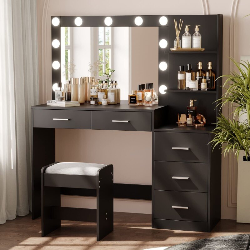 Penteadeira Espelhada De Madeira Com Espelho LED, Grande Mesa De Vaidade De Maquiagem, Quarto Dresser