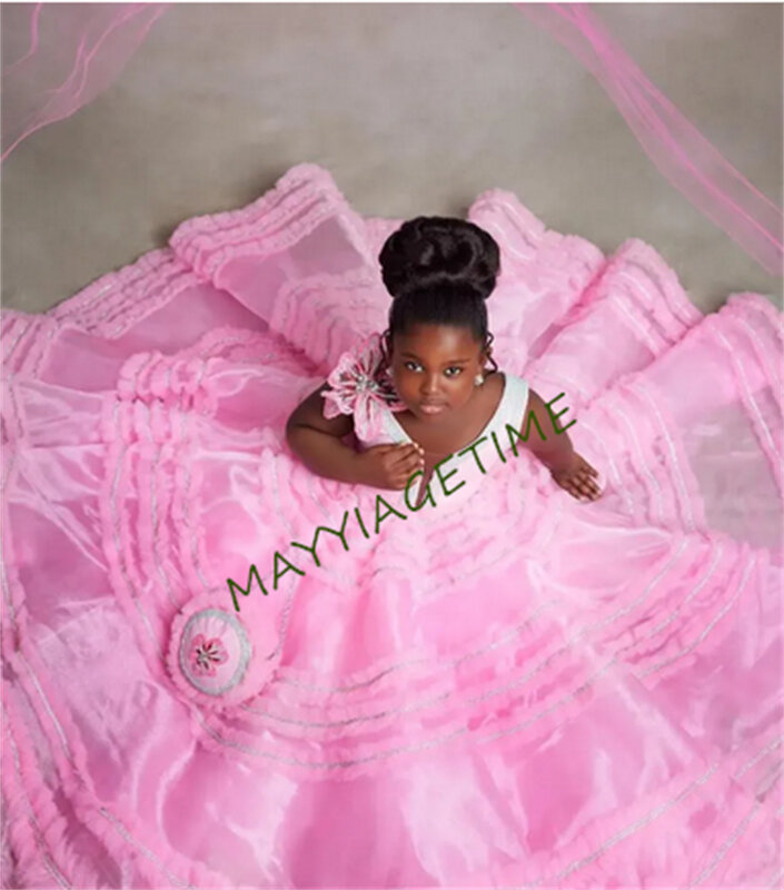 Розовое Цветочное платье для девочек, платья для девочек с многоярусными цветами для свадьбы, детские платья с оборками для вечеринки, дня рождения, фотосессия