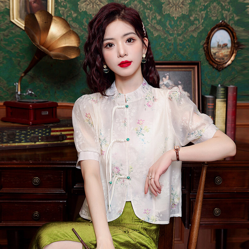 단추 플라워 버블 슬리브 여성 셔츠, 중국 스타일, 레이스 쉬폰 셔츠, 여성 의류, 2024 여름 신상