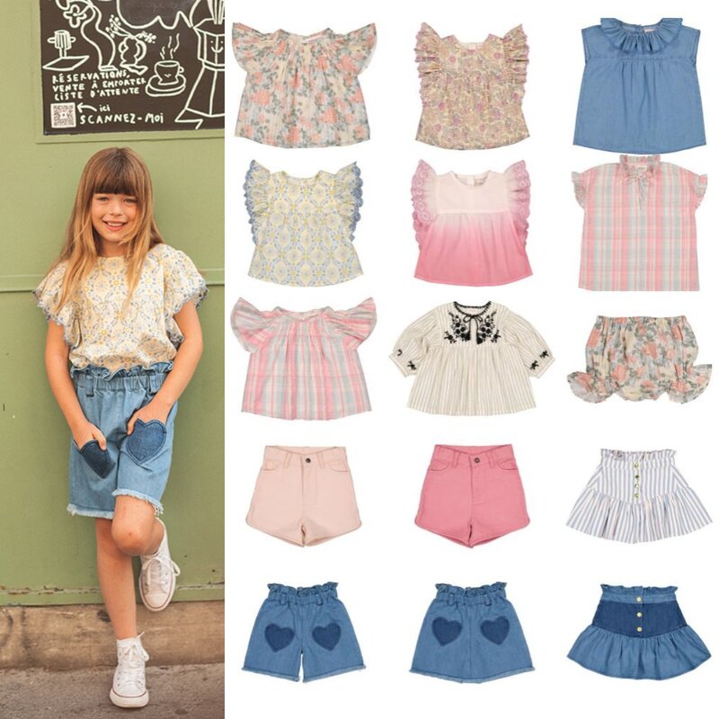 2024 Louislouise Girls Children's Floral Tops Kids Sleeveless Sling Skirt Sets Lapel Sleeveless Tshirt Girls Jeans Shorts Suit