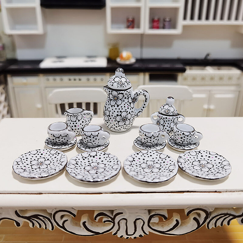 1Set 1:12 Dollhouse Miniature Porcelain Ceramic Tea Cup Set Tableware Kitchen Dollhouse Teapot DIY Toys