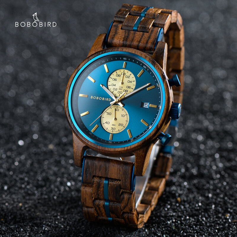 BOBO BIRD-Relógio de quartzo masculino com data, cronógrafo de madeira, relógio de pulso gravado, relógio personalizado