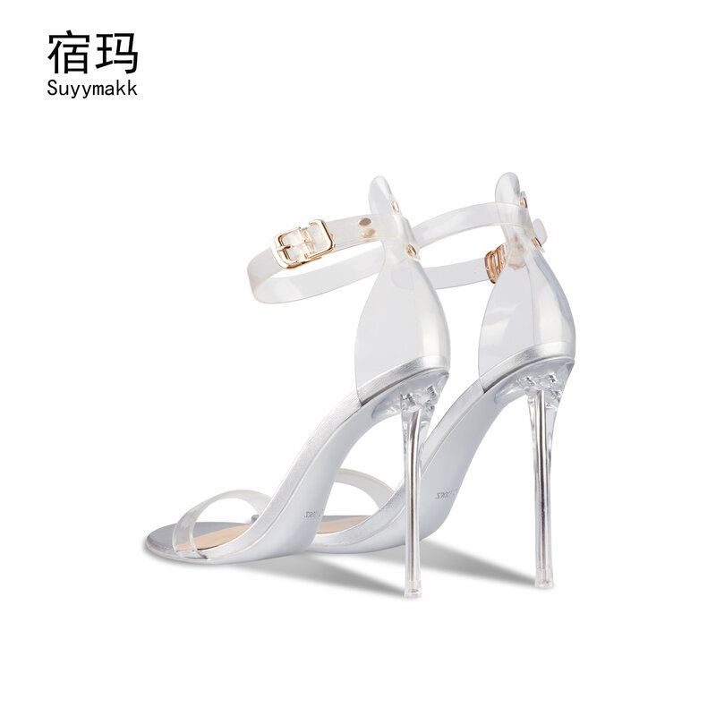 Przezroczyste sandały z pcw lato 2023 nowe przezroczyste kryształowy damskie buty na wysokim obcasie szpilki Sexy moda Peep Toe sandały gladiatorki 8cm