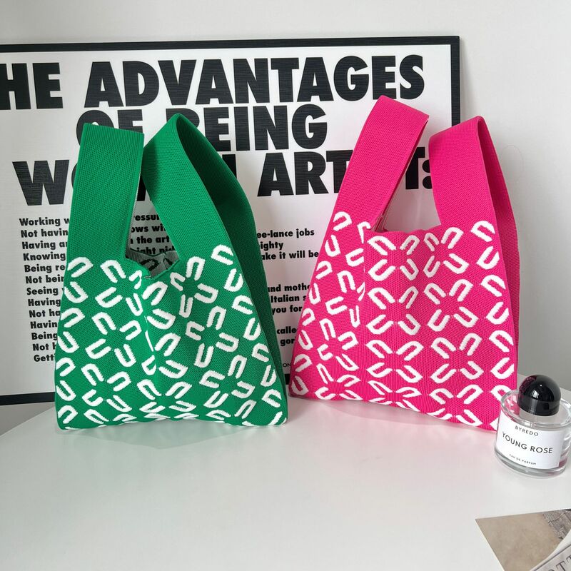 Handmade Knitted Handbag For Women Fashion Clover Knitting Pattern Women's Knoted Wrist Bag Reusable Shopping Bag Tote New