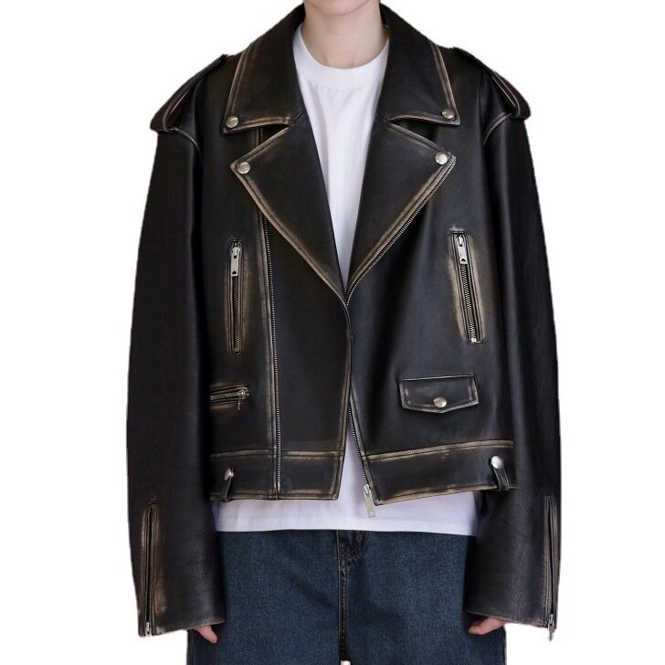 2023 Genuine Leather Clothing, New Year's New Vintage, Brushed Sheepskin, Antique Motorcycle Leather Clothing, Short Jacket for