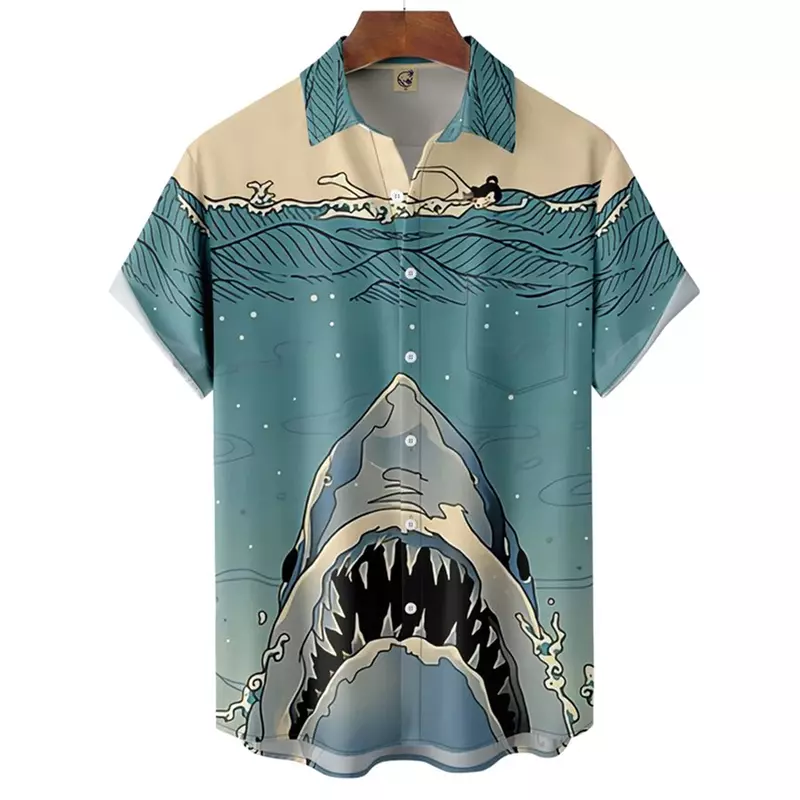 남성용 반팔 라펠 스트리트웨어 셔츠, 하와이안 상어 블라우스, 3D 동물 프린트 의류, 패션 단추, 신상