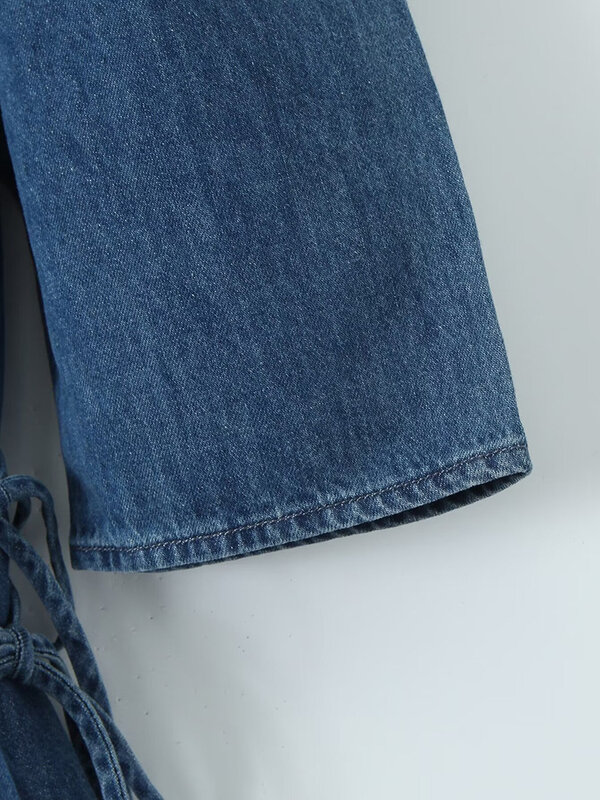 Vintage Jeans kleid für Damenmode Rundhals ausschnitt Kurzarm Schnür Taille A-Linie Mid Calf Kleider Sommer neue trend ige xx315