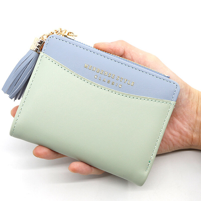 กระเป๋าสตางค์สั้นผู้หญิงพิมพ์เหรียญ Patchwork ซิปเงินเปลี่ยนกระเป๋าคลัทช์ Tassels ผู้ถือบัตรหญิงของขวัญ