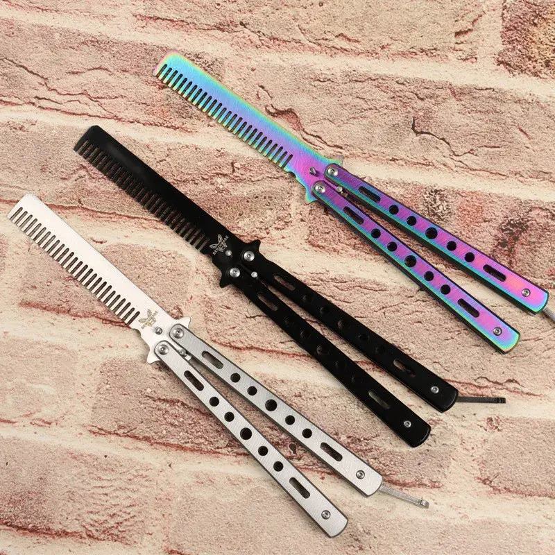 Foldable Butterfly Knife Comb Stainless Steel Practice Training Comb Beard Moustache Brushes Hairdressing Styling Tool