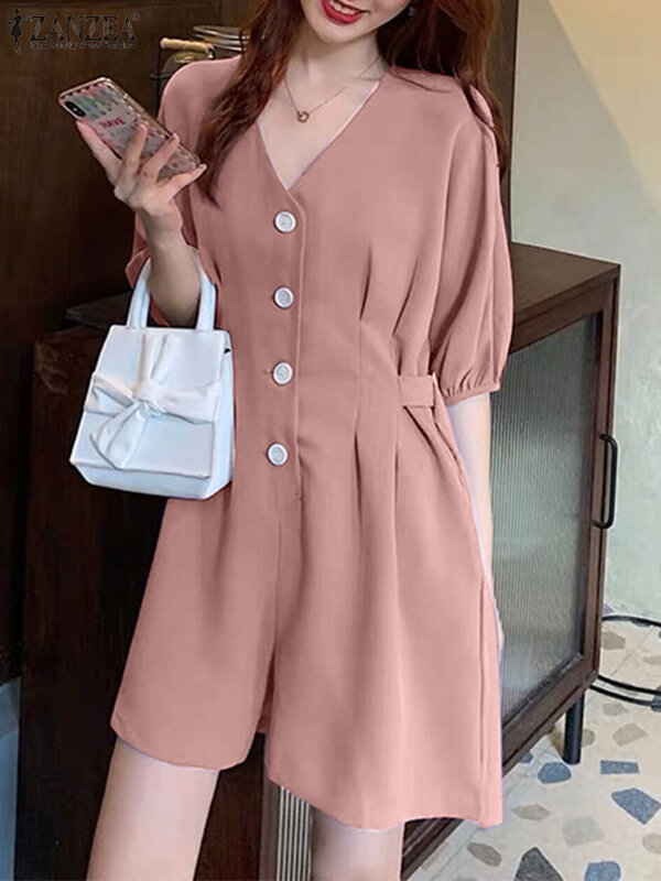 ZANZEA 2024 Summer Elegant Short Jumpsuits Women Short Sleeve V-neck Casual Playsuits Loose Pleated Solid Color Buttons Overalls
