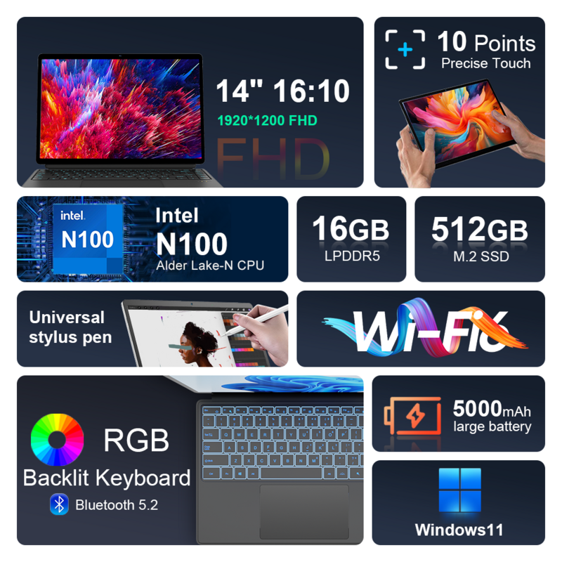 Ninkear-タッチスクリーン付きミニラップトップ,Windows 11,t40,14 in 1,16 GB 512GB, 1200p,送料無料