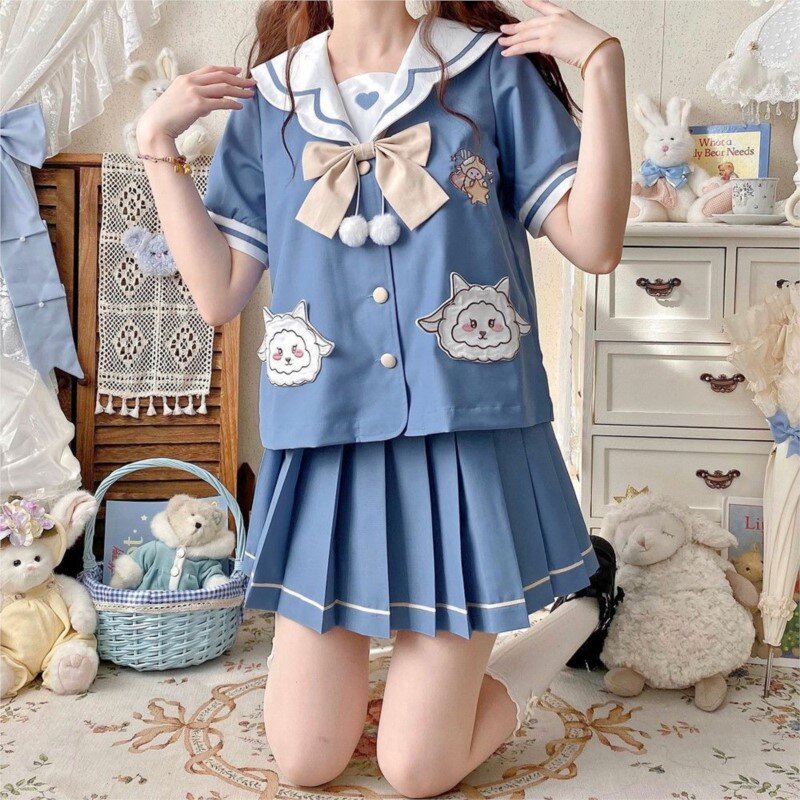 Women blue jk uniform spring long/short sleeved sailor suit Schoolgirls Sailor Tie Pleated Skirt Outfit cute Anime COS Costume