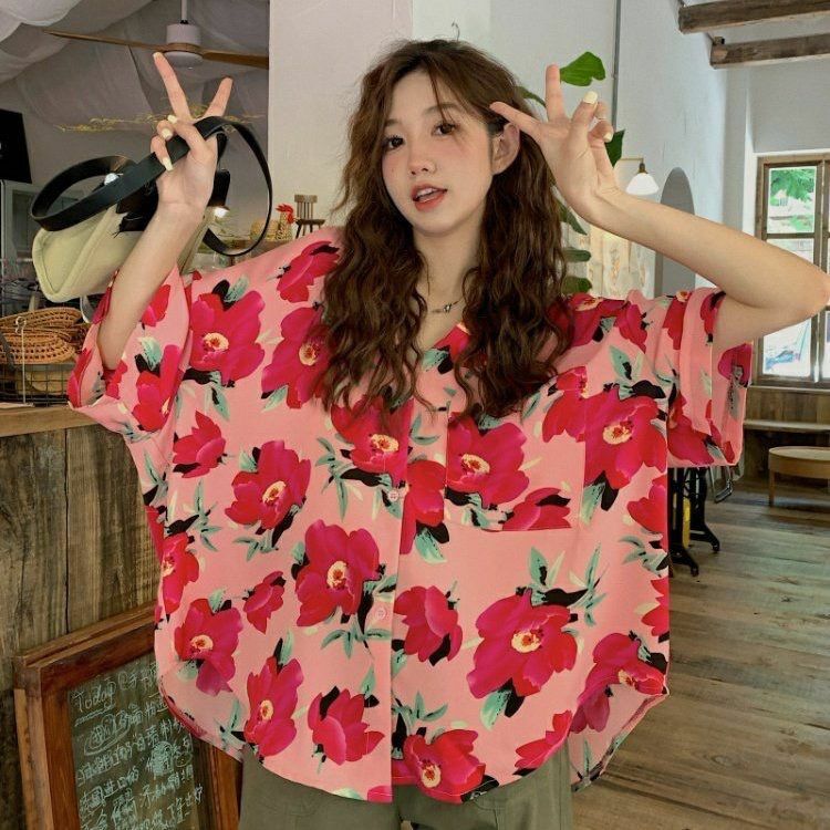 女性の韓国のプリントルーズシャツ,半袖,ボタン,カジュアル,エレガント,夏,新品